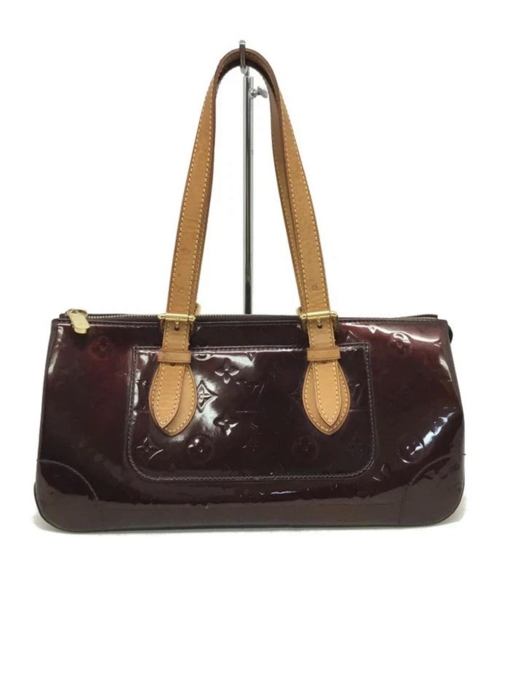 Louis Vuitton Patent Shoulder Bag in Burgundy with Tan Straps